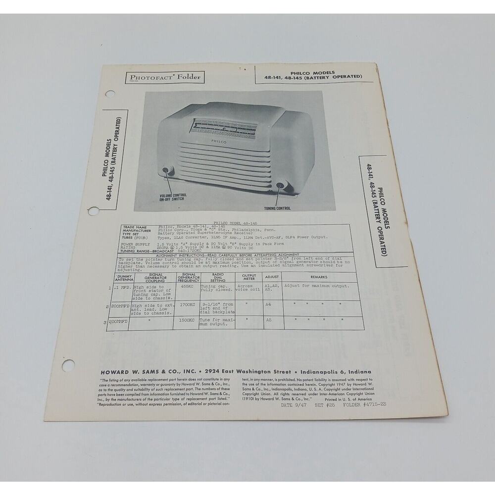 VTG Howard Sams 1947 Radio Photofact Folder Philco Models 48-141 48-145 Battery